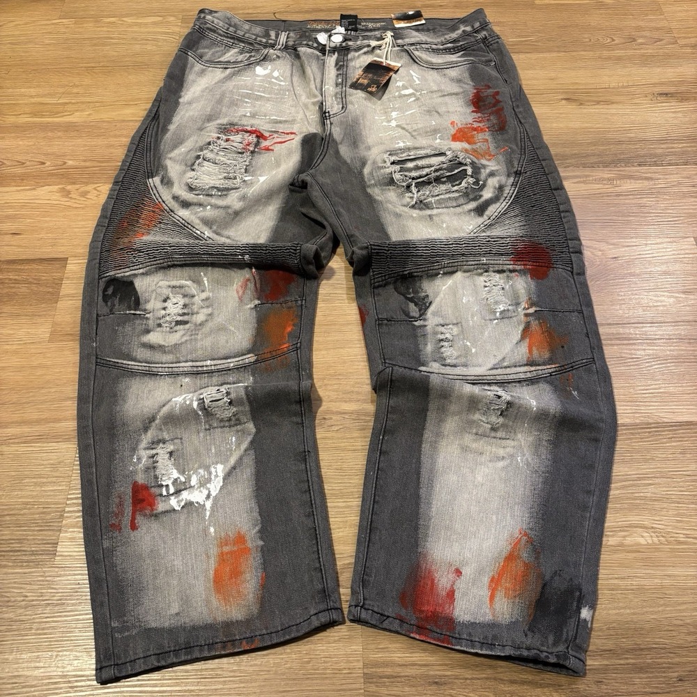 Denim & Rivets Jeans Mens 46 (42x32) Grey Distressed Paint Splatter Baggy Skater